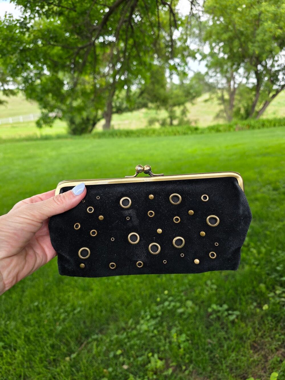VTG y2k Black Suede Kisslock Small Clutch Bronze Studs Grommets Grunge Punk